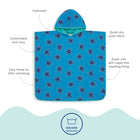 Beach Towel Poncho Blue Starfish with an all-over star pattern, a hood and several descriptive labels pointing to its features.